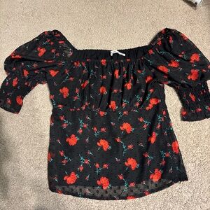Miami Black Blouse with Red Floral Design